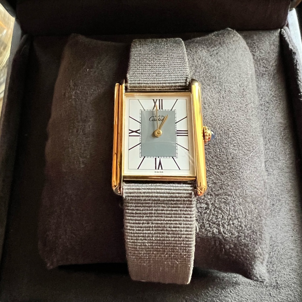 Cartier Tank Women’s Wristwatch, gold vermeil with grey leather strap, 24 x 30mm